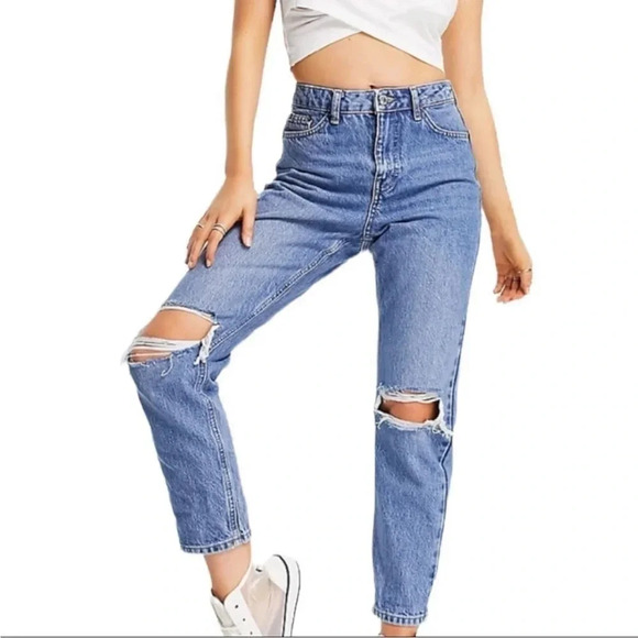 Topshop | Double Ripped Mom Jeans in Mid Medium Blue Wash | size 34 x 28‎ - Picture 3 of 11